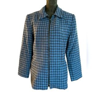 Coldwater Creek Womens Wool Houndstooth Zip Up Jacket Blue‎ Charcoal Size 14